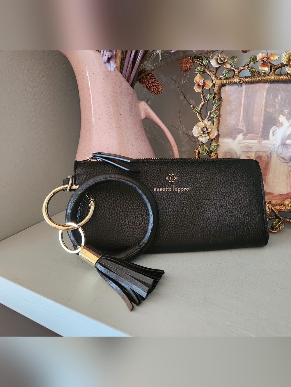 Nanette Lepore Black Pebbled Leather Wristlet Bracelet Clutch Tassel Ring